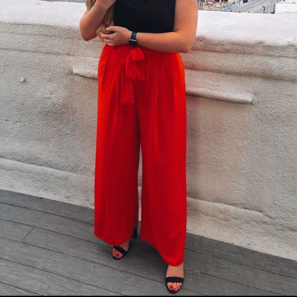 Flying Tomato Red Wide-Leg Tie-Waist Jumpsuit Pants